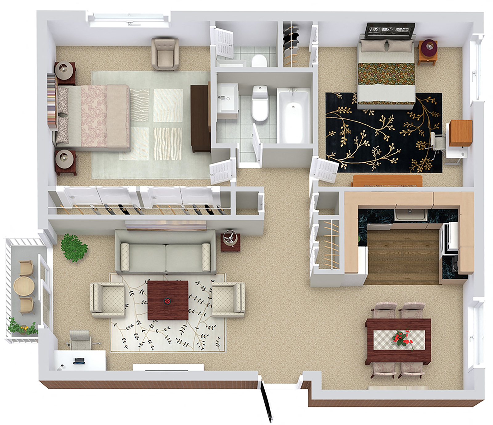 Floor plan for 2 beds, 1.5 baths, 950 sqft